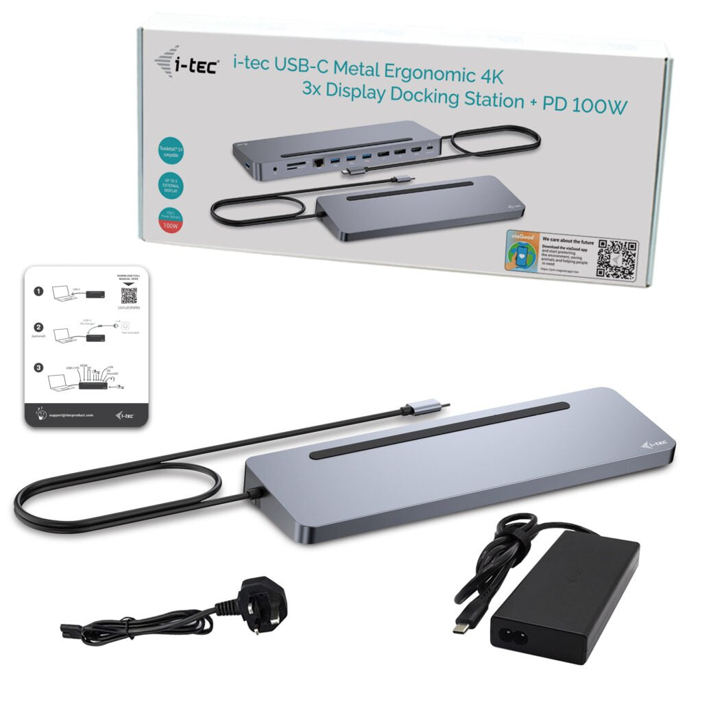 I-Tec Usb-C Metal Ergonomic 4k 3x Display 2x Dp 1x Hdmi Lan Audio Power Delivery 100 W + I-Tec Universal Charger 100 W