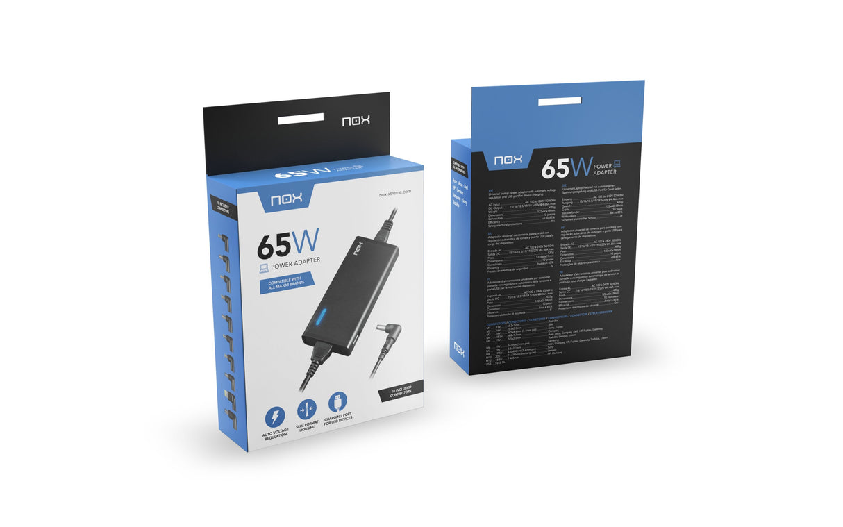 Nox Cargador Universal Port 65w Automatico Para Notebook / 10 Conectores / Toma Usb Nxpwr65nb