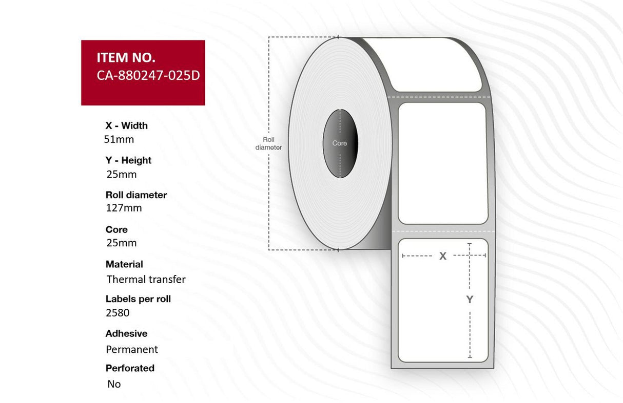 Label 51 X 25mm, Core 25mm, Thermal Transfer, Polyester,