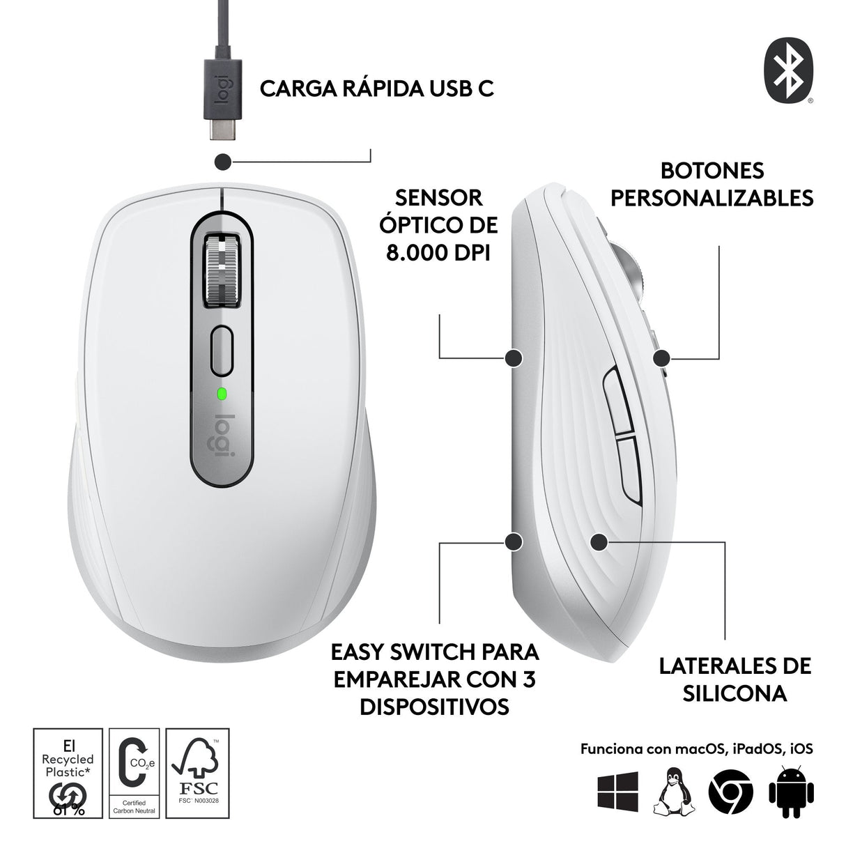 Logitech Mx Anywhere 3s Ratón Óptico 6 Botones Inalámbrico Bluetooth 910-006930