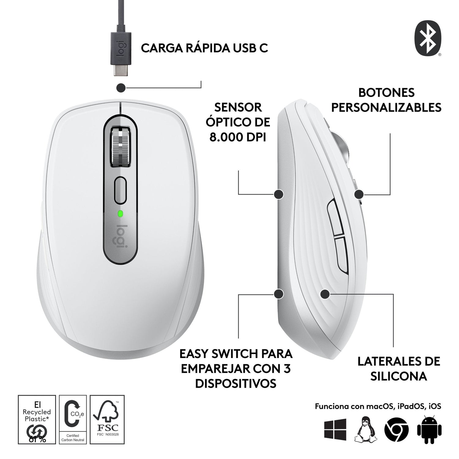 Logitech Mx Anywhere 3s Ratón Óptico 6 Botones Inalámbrico Bluetooth 910-006930