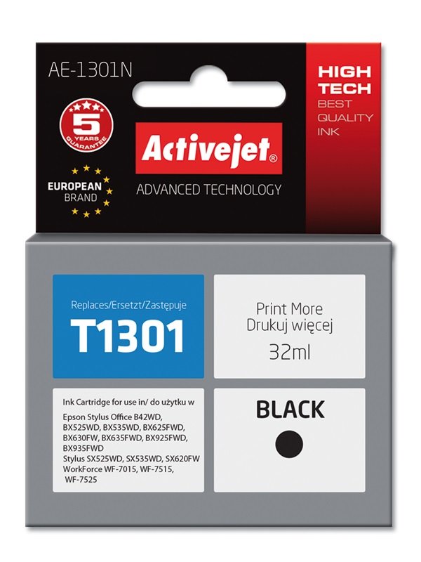 Tinta Activejet Ae-1301n (Reemplazo Para Epson T1301 - Supreme - 32 Ml - Negra)