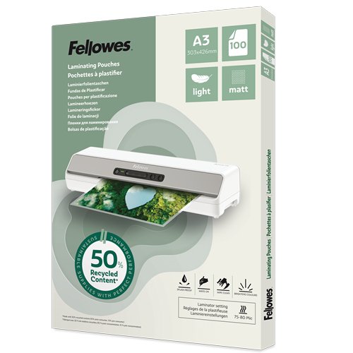 Fellowes Fundas De Plastification A3 Con 50 Paracentage De Contenu Recyclé - Usage Léger Mate Pack De 100
