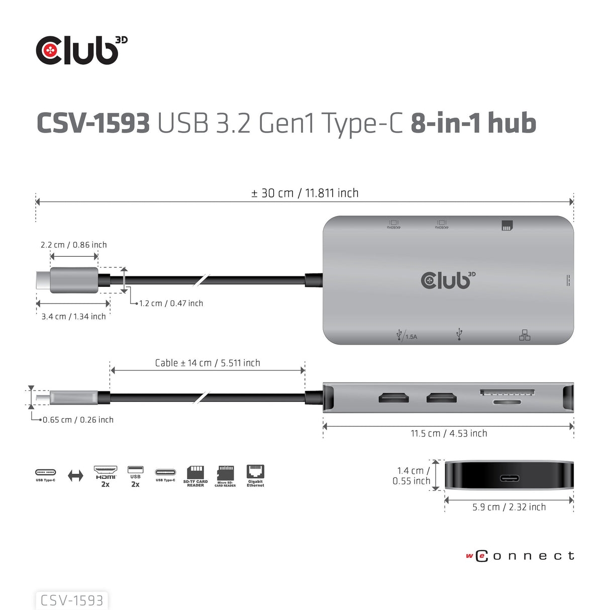 Club-3d Multistream Hub Usb 3.2 Gen1 Usb-C-> 2xhdmi, 2xusba, 1xsd, 1xmsd, 1xrj