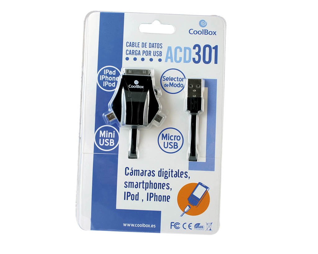 EAN 8437011128980 - CoolBox ACD 301 cable USB 1 m microUSB/miniUSB/Apple iPhone Negro imagen 1