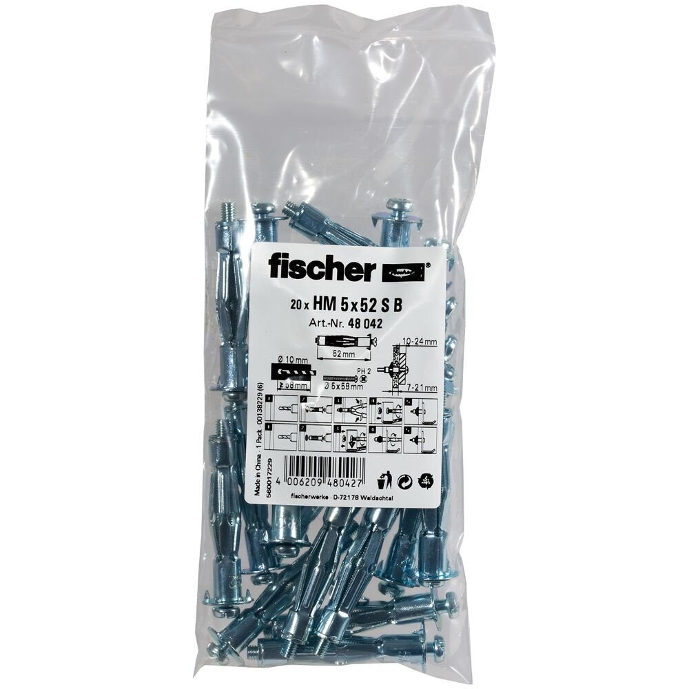 EAN 4006209480427 - Fischer 48042 tornillo de anclaje y taco 20 pieza(s) Juego de enchufes de pared y tornillos 52 mm imagen 1