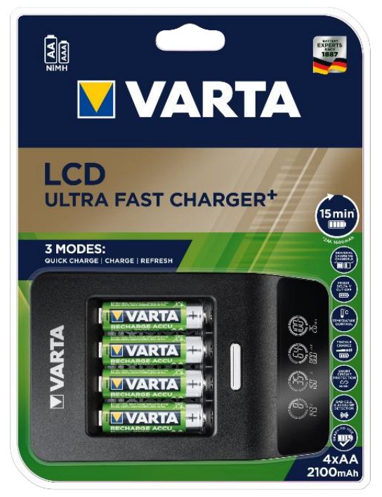 Varta Lcd Ultra Fast Cargador + 4 Pilas Recargables 2100 Mah Aa + 12v