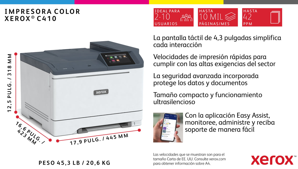 Xerox C410 A4 40 Ppm Impresora A Doble Cara Ps3 Pcl5e/6 2 Bandejas 251 Hojas