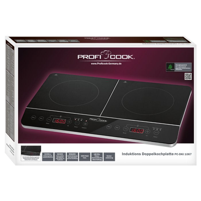 Placa Inducción Proficook Doble Portátil, 10 Niveles Temperatura, Led Negro 3500 W Dki 1067