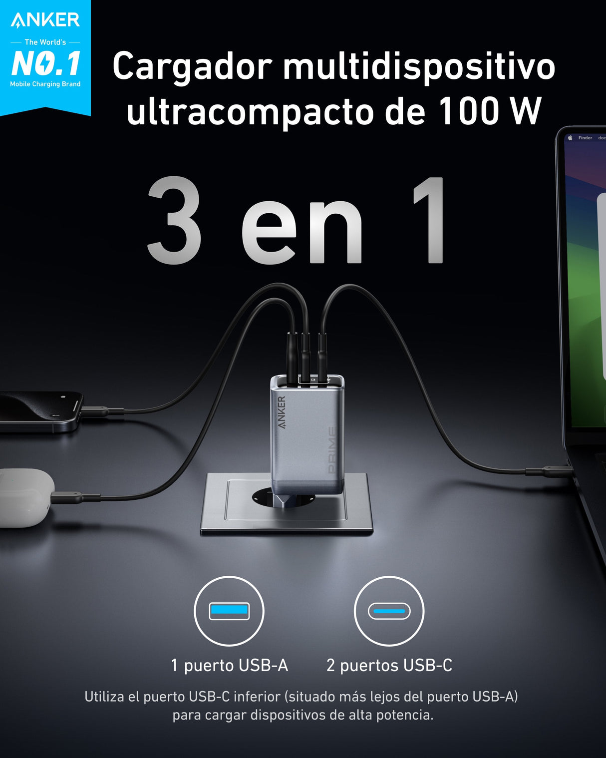 Cargador Anker Prime Charger(100w 3 Ports Gan)