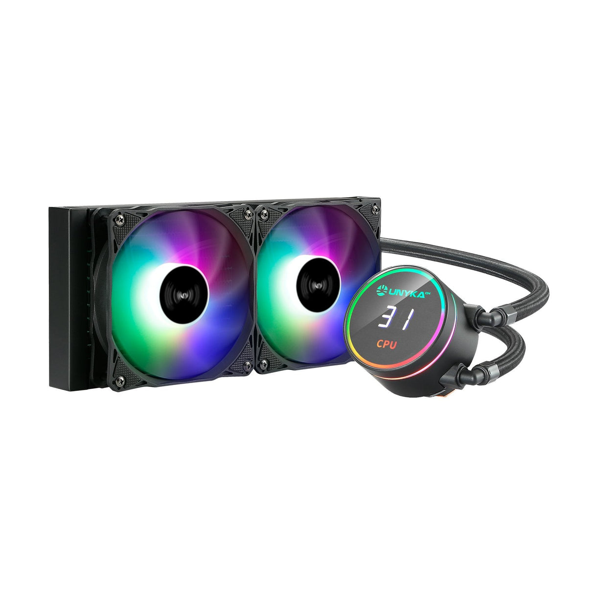 Unykach Aquastorm 240 Kit De Refrigeracion Liquida - 2 Ventiladores De 120mm - Iluminacion Rgb - Visualizacion Temperatura Cpu - Tubo De 335mm