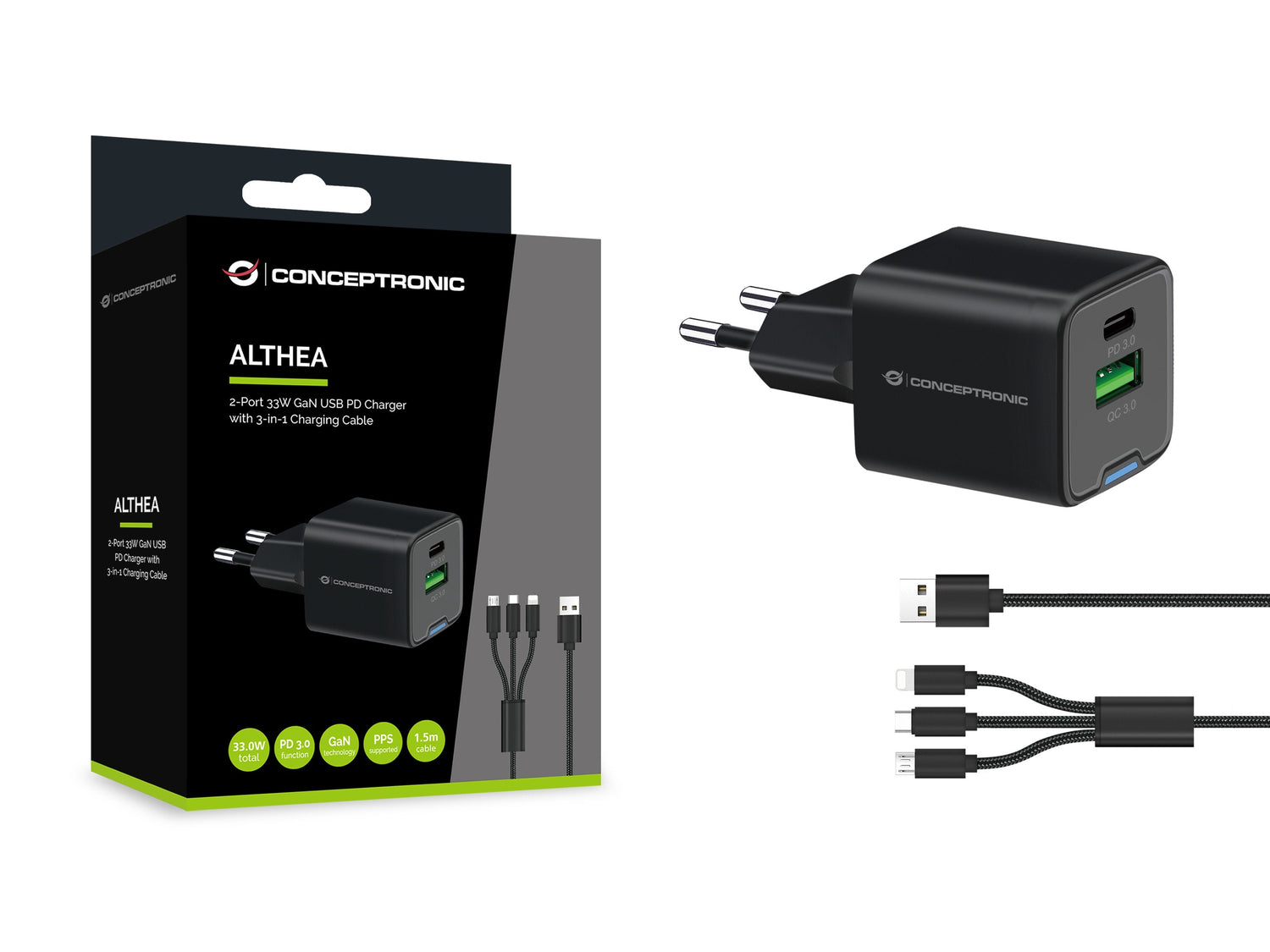 Conceptronic Cargador 2port 33w,1xusb-C,1xusb-A +3-In-1 Sw