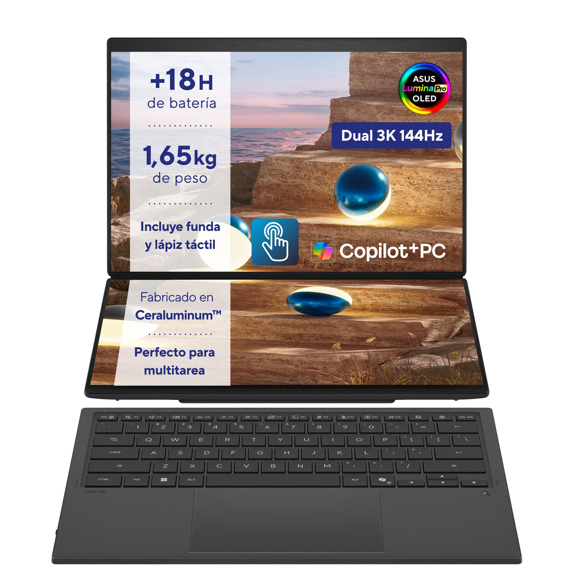 Portátil Asus Zenbook Duo Oled Ux8407aa-Sn066w, Copilot+ Pc, Intel Core Ultra 9 386h, 32gb, 1tb Ssd, 14", W11 - Gris
