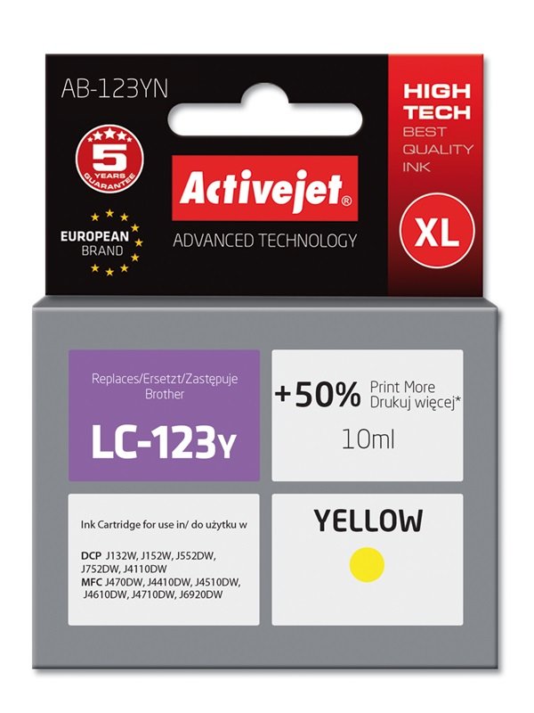 Tinta Activejet Ab-123yn (Reemplazo De Brother Lc123y / 121y - Supreme - 10 Ml - Amarillo)