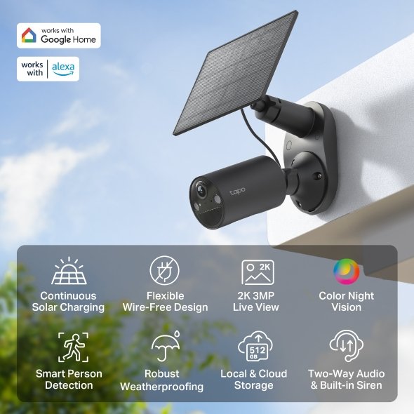 Tp-Link Tapo C411 Kit Venkovn Cámara, Solrn Panel (3mp, 2k Qhd, 1296p, Ir 9m, Wifi, Micro Sd Card, Ip65)