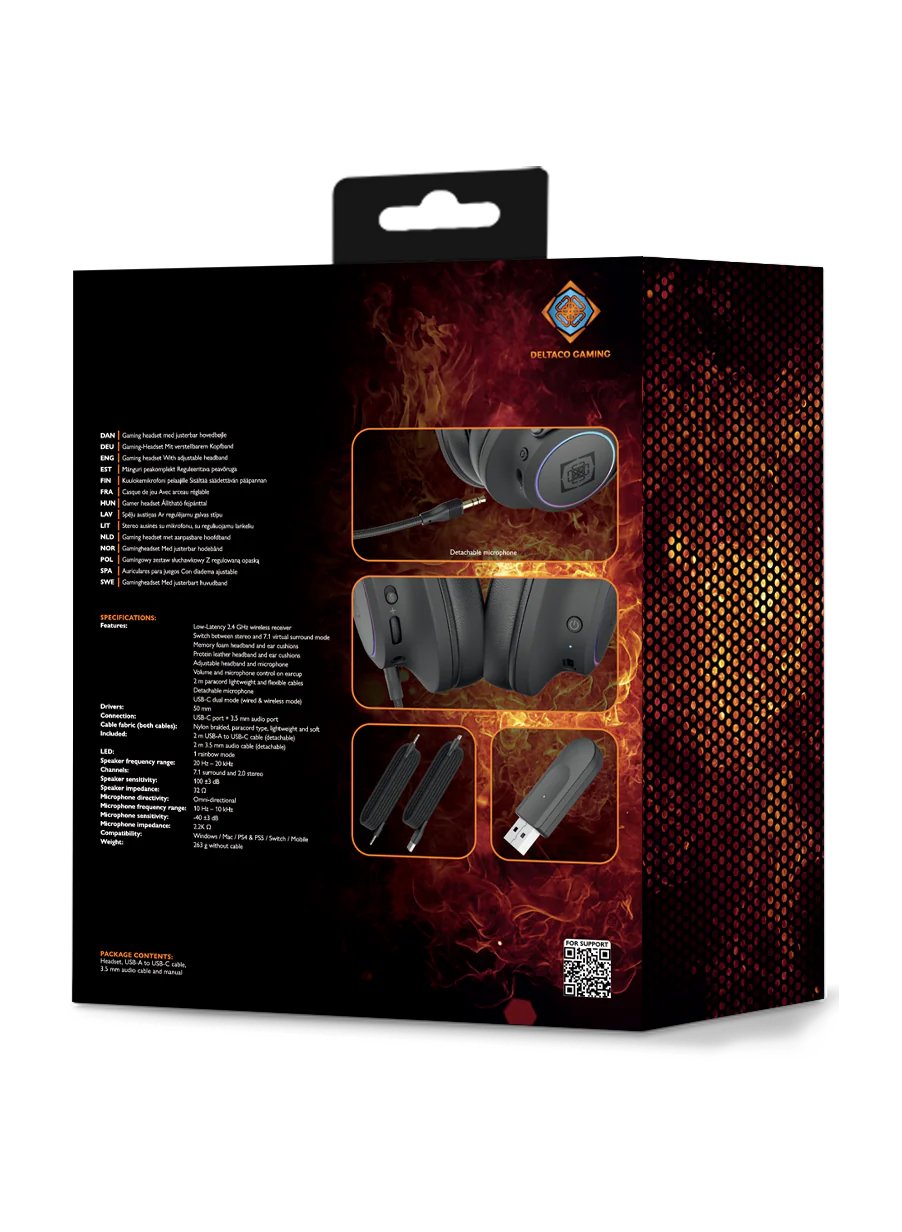 Deltaco Dh440 Gaming Headset Wireless Usb Rgb 7.1 Sur. Sw