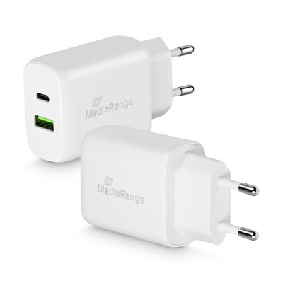 Cargador De Enchufe Mediarange De 25 W Con Usb-A Y Usb-C, Blanco