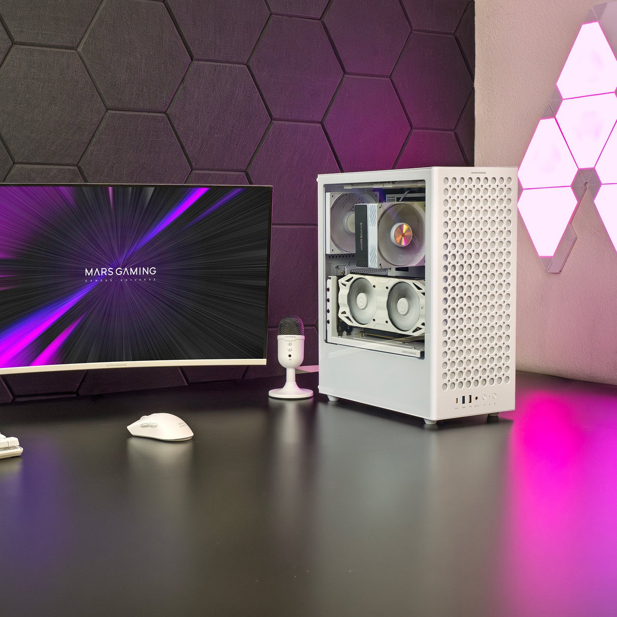 Caja Pc Atx Mars Gaming Mc-T800 Frontal Airdot Mesh 4x Ventiladores Fdb Cablehatch Usb-C Blanco