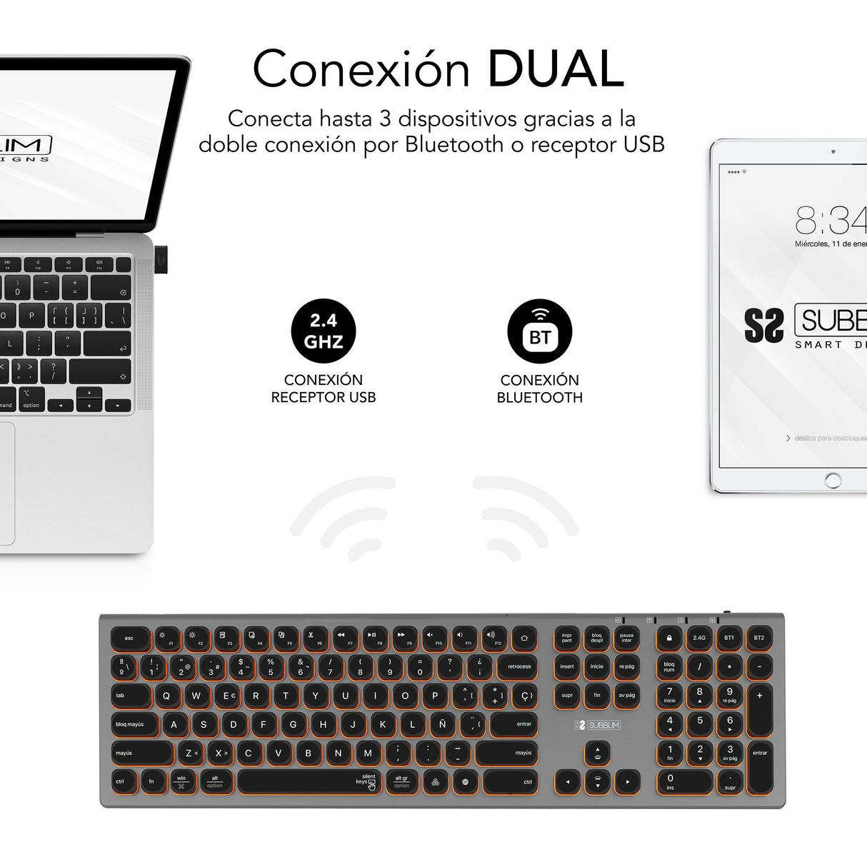 EAN 8436586742669 - SUBBLIM SUBKB-3MIE310 teclado Universal RF Wireless + Bluetooth QWERTY Español Negro, Gris imagen 3