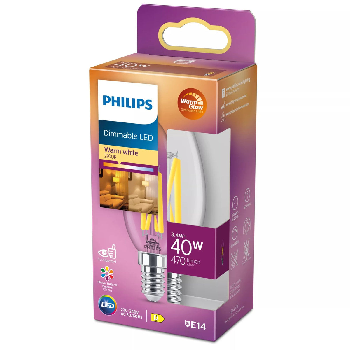 Philips Bombilla Con Led-Filament - Form: B35 - Transparente Finish - E14 - 3.4 W (Equivalente 40 W)