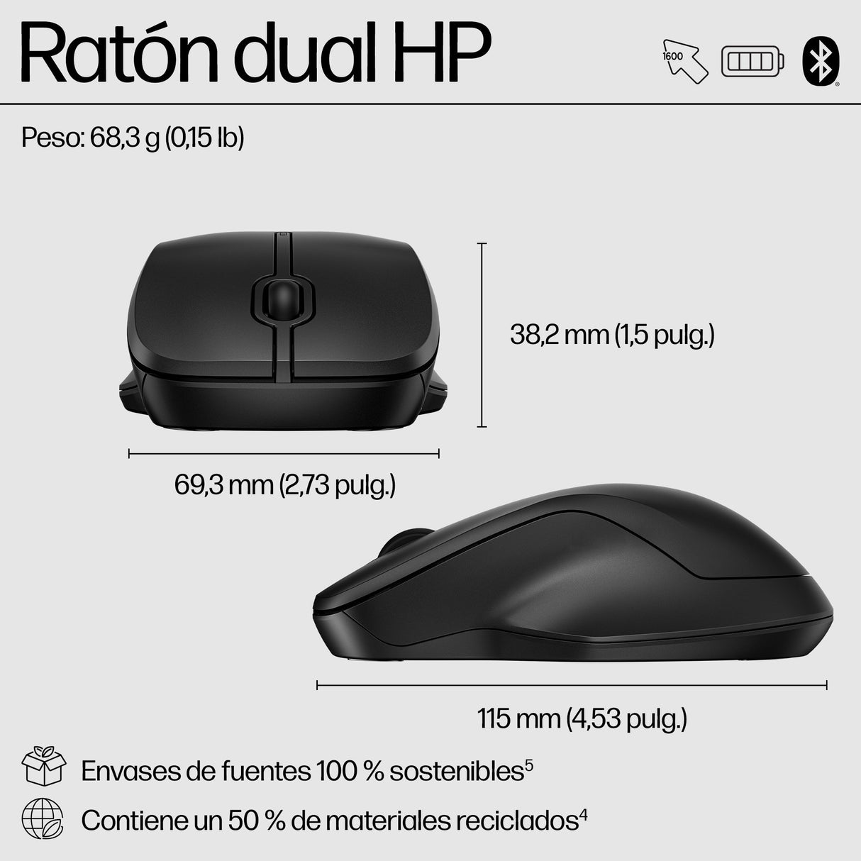 EAN 0197498130101 - HP 255 Dual Wireless Mouse ratón Oficina Ambidextro RF Wireless + Bluetooth Óptico 1600 DPI imagen 5