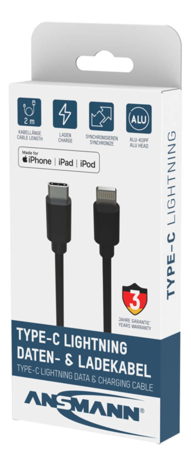 Cable Adaptador Usb 2.0 Ansmann, Conector Usb-C > Conector Lightning Negro, 2 Metros, Carga Con Hasta 60 Vatios 1700-0107