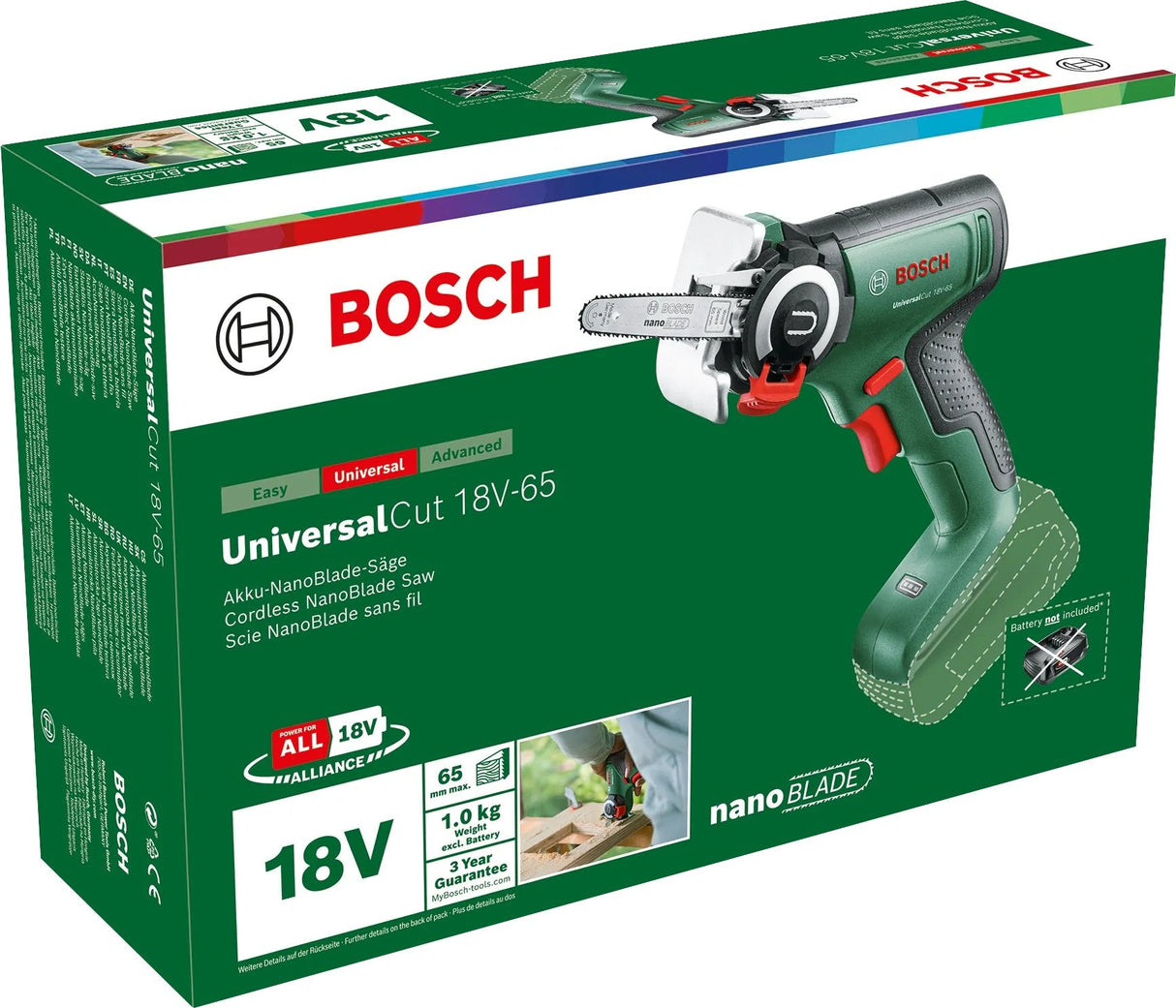 Sierra Inalámbrica Bosch Nanoblade Universalcut 18v-65 Solo, 18 Voltios, (Verde/Negro, Sin Batería Ni Cargador, Power For All Alliance) 06033d5200