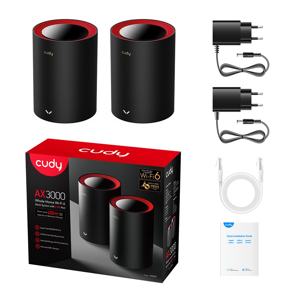 EAN 6971690792954 - Cudy M3000 2-Pack Doble banda (2,4 GHz / 5 GHz) Wi-Fi 6 (802.11ax) Negro, Rojo 1 Interno imagen 5