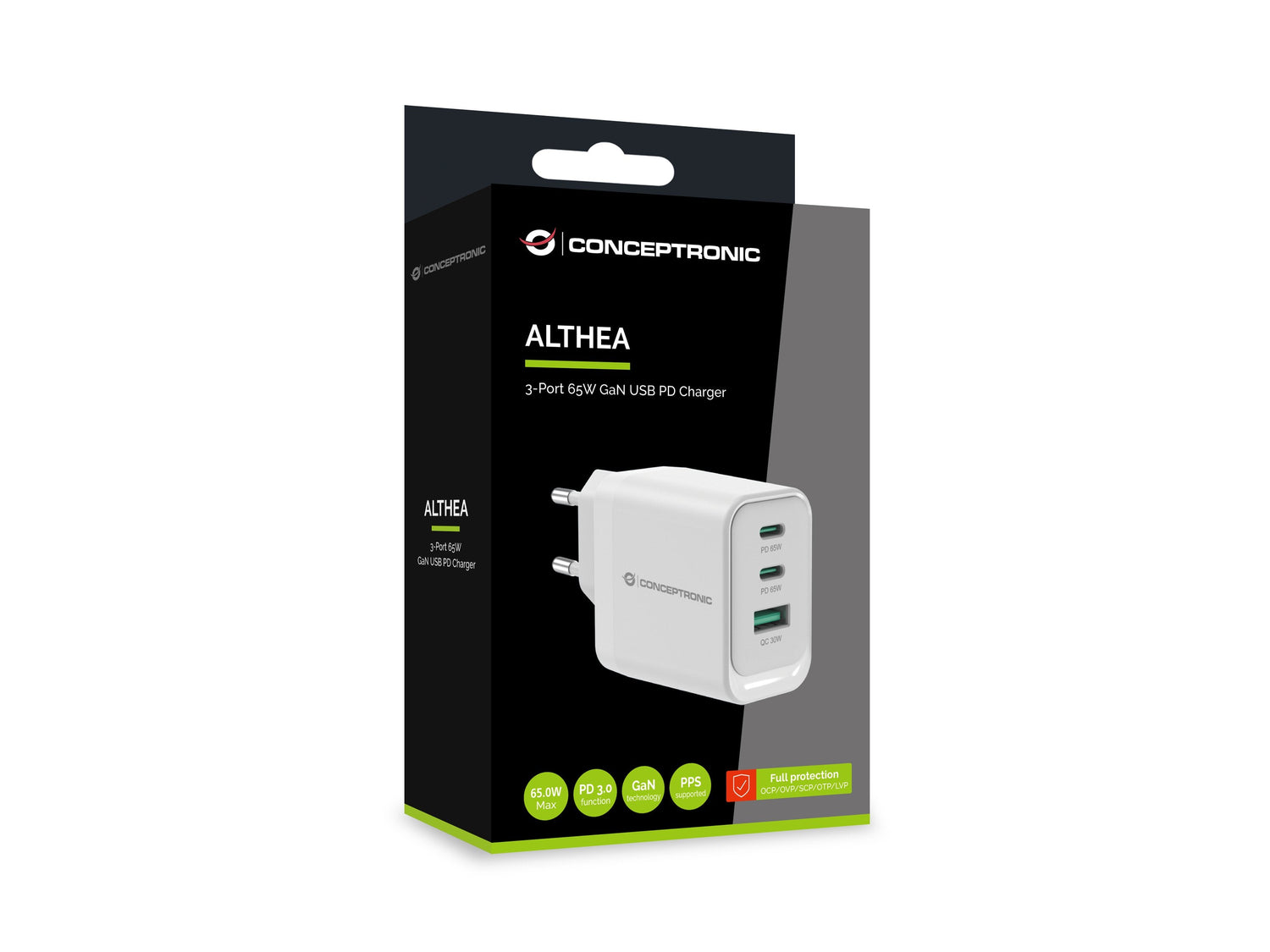 Cargador De Pared Quick Charge 3.0 Pd  Pps 2 Puertos Usb-C 1 Puerto Usb-A Conceptronic Althea 65w