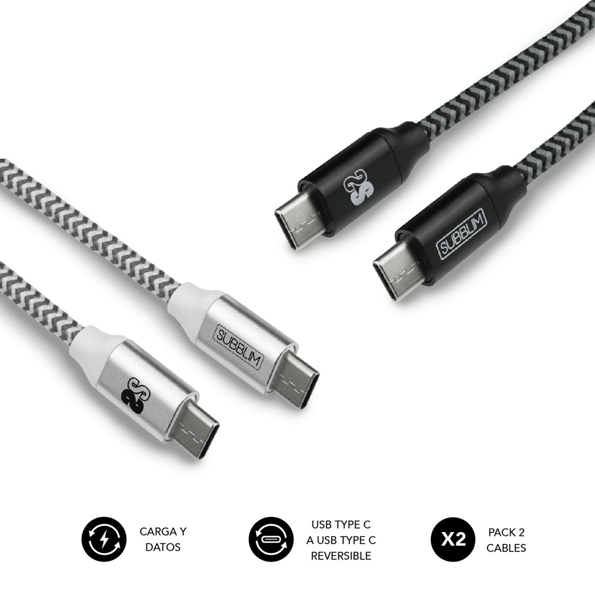 EAN 8436586740672 - SUBBLIM PACK 2 CABLES USB TIPO USB-C A USB-C 1 M BLACK/SILVER cable USB imagen 1