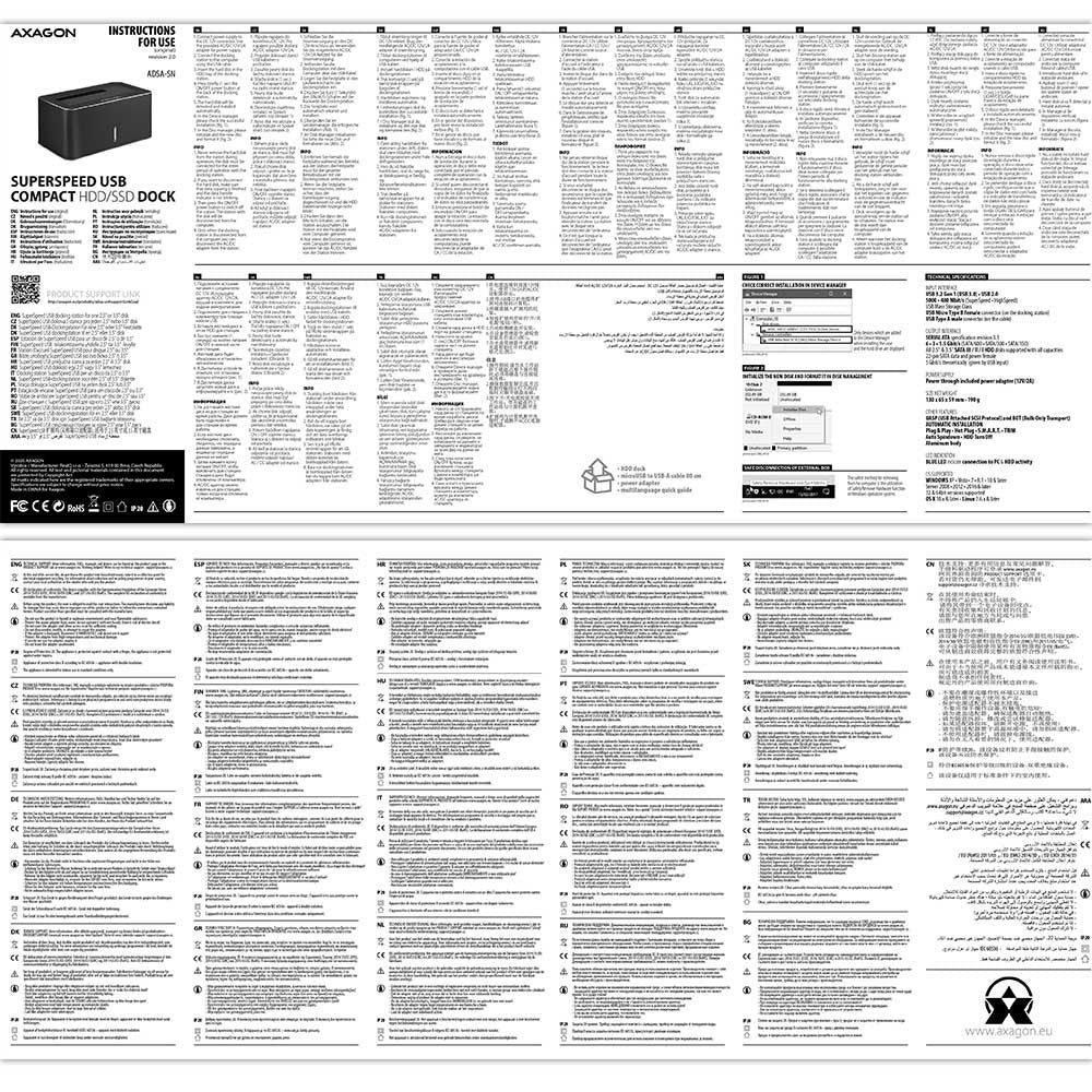 Axagon Adsa-Sn, Usb 3.2 Gen1 - Sata 6g, Estacion De Acoplamiento Hdd / Ssd De 2.5 "/3.5"