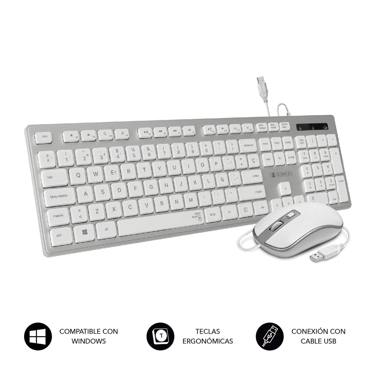 Teclado + Raton Wired Ergo Keys Silent Flat Silver Subblim Hasta 1600dpi/ Teclado Completo/ Usb/ 12 Teclas Funcion
