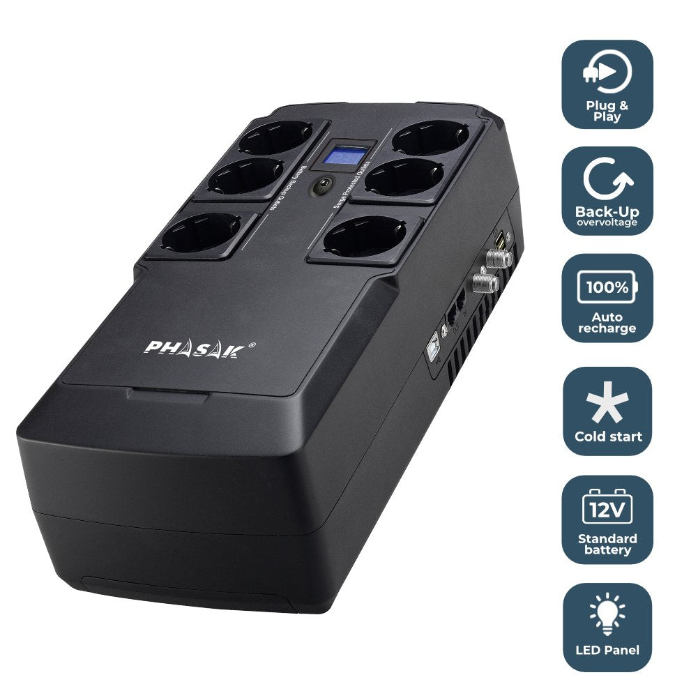 EAN 5605922044566 - Phasak Kryptos sistema de alimentación ininterrumpida (UPS) Línea interactiva 0,8 kVA 480 W 6 salidas AC imagen 11