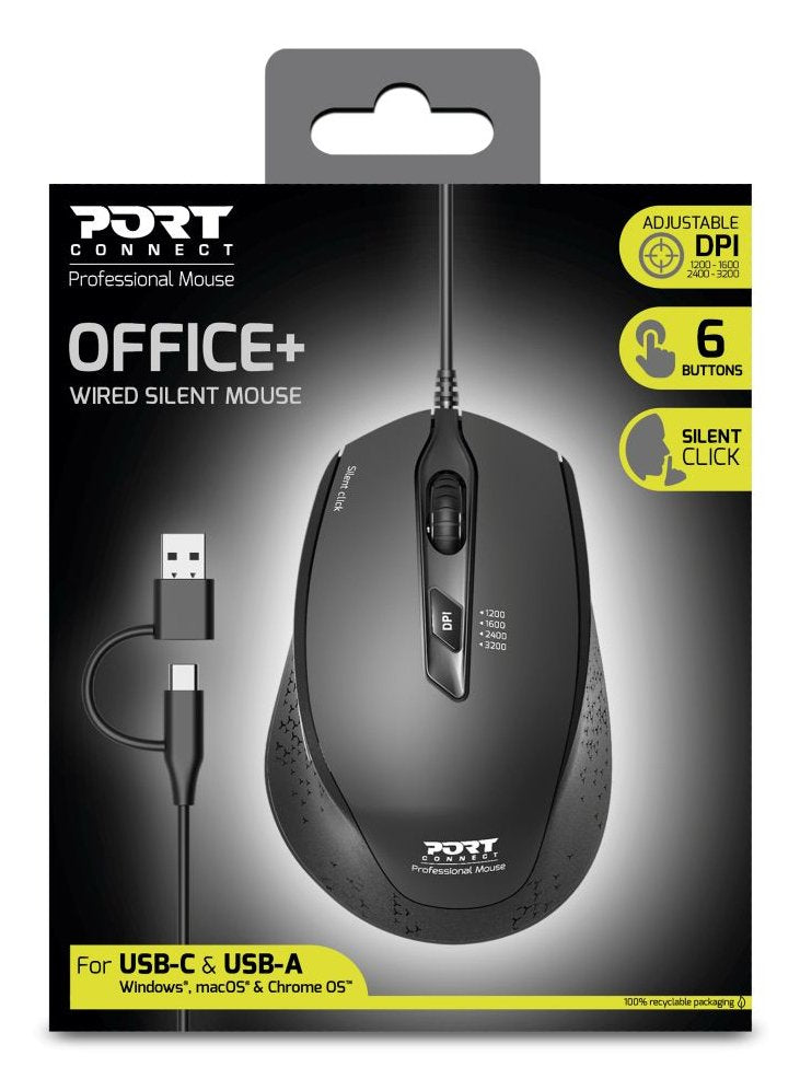 Port Designs Mouse Office Wired Silent Pro - Medium Size - Black - Bulk