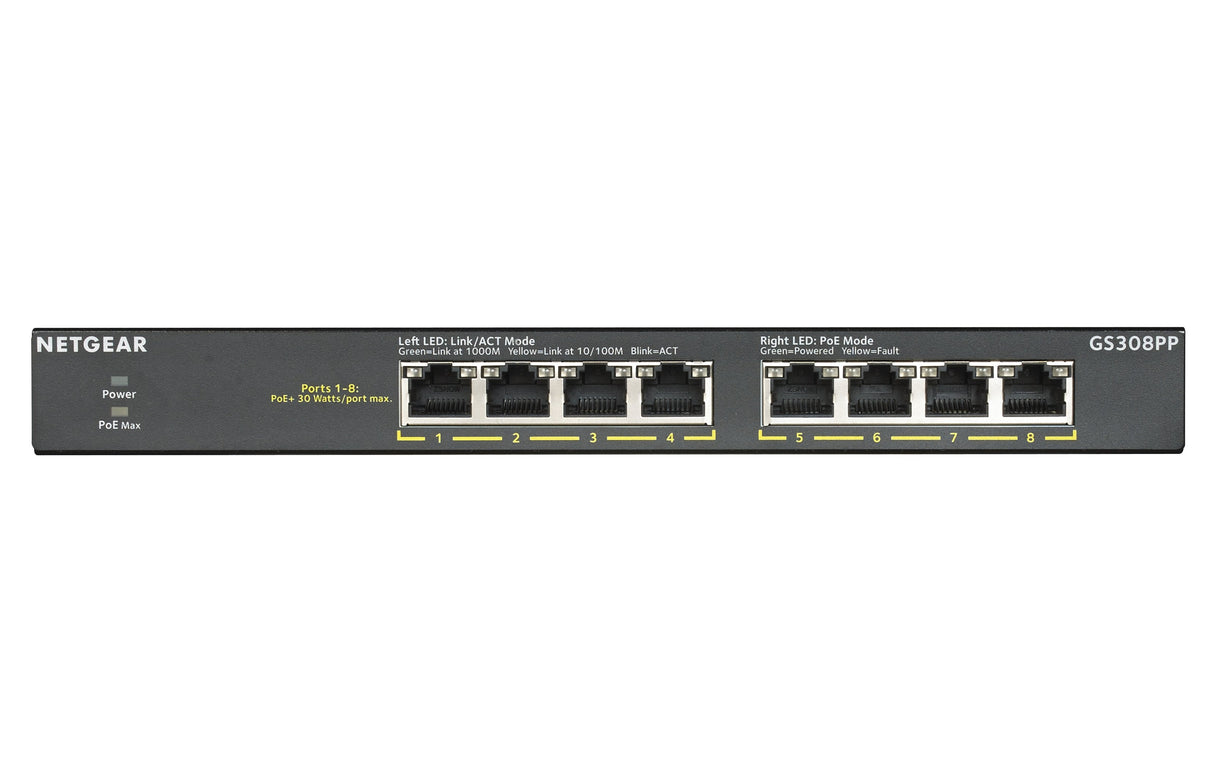 Switch Netgear Gs30 8pp, No Administrado, Gigabit Ethernet (10/100/1000), Bidireccional Completo (Full Duplex), Energía Sobre Ethernet (Poe), Montaje De Pared