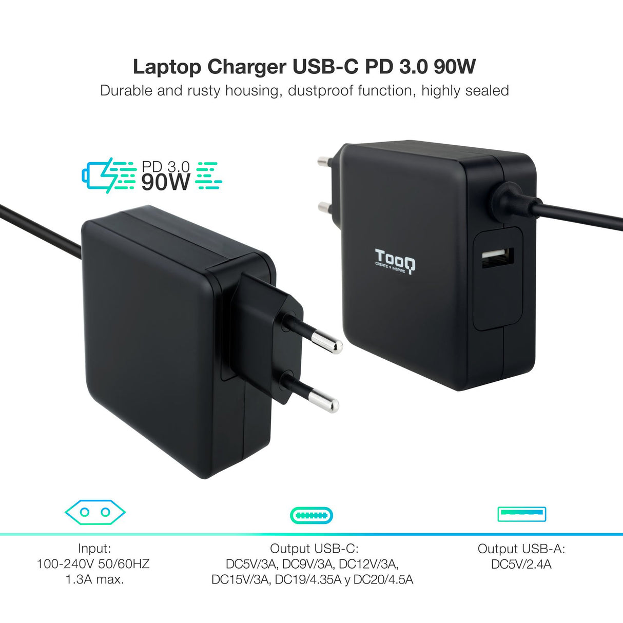EAN 8433281011991 - TooQ TQLC-USBC90PD adaptador e inversor de corriente Auto 90 W Negro imagen 2