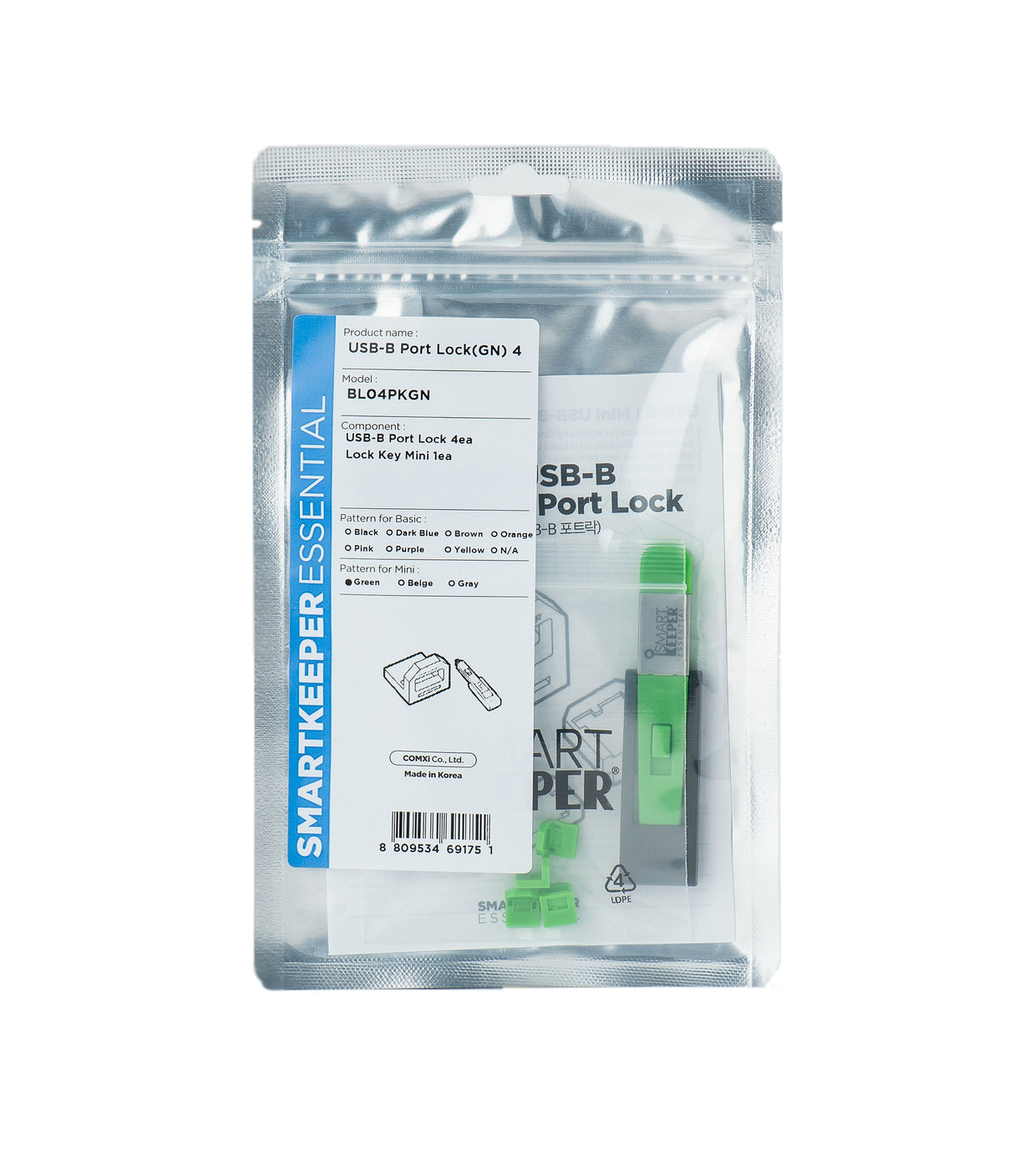 Smartkeeper Mini Usb Port Lock Type B 4 - 1x Klíc + 4x Záslepka, Zelená