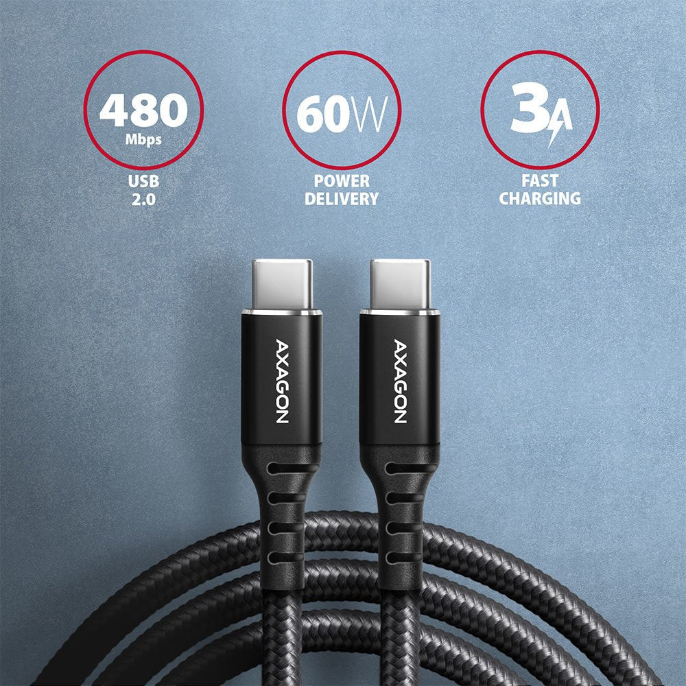 EAN 8595247907387 - Axagon Data and charging USB 2.0 cable 1.5 m long. PD 60W, 3A. Black braided. cable USB 1,5 m USB C Negro imagen 2