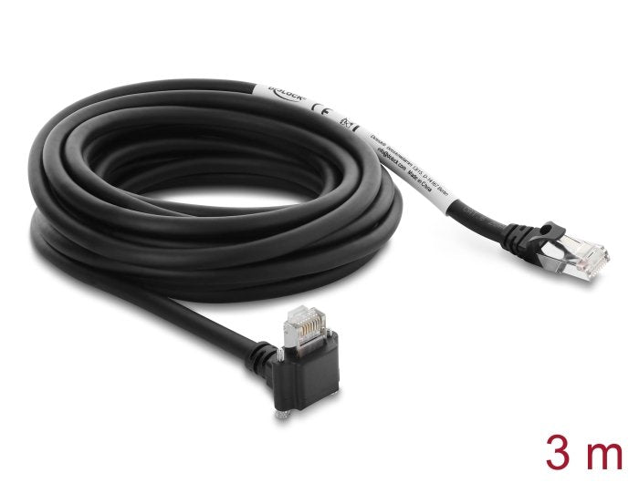 Delock Gige Cámara Cable Rj45 Conector Macho 90° Angulado Con Tornillos, Conector Macho Longitud 28 Mm A Rj45 Conector Macho Cat.6 S Ftp 3 M Negro