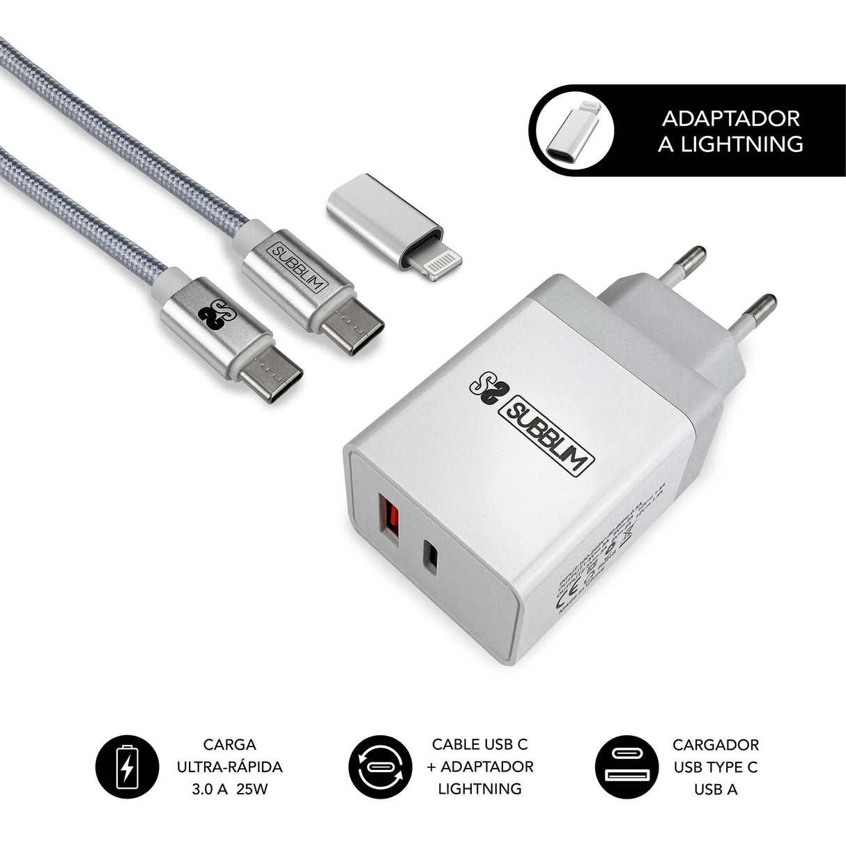 Subblim Cargador Ultra Rapido 2xusb De Pared Pd25w+Qc3.0+Cable C To C Y Lightning Blanco