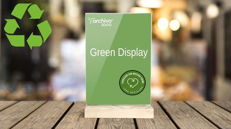 Archivo 2000 Expositor De Sobremesa Sostenible Doble Cara A6 Vertical Metacrilato Con Base De Madera