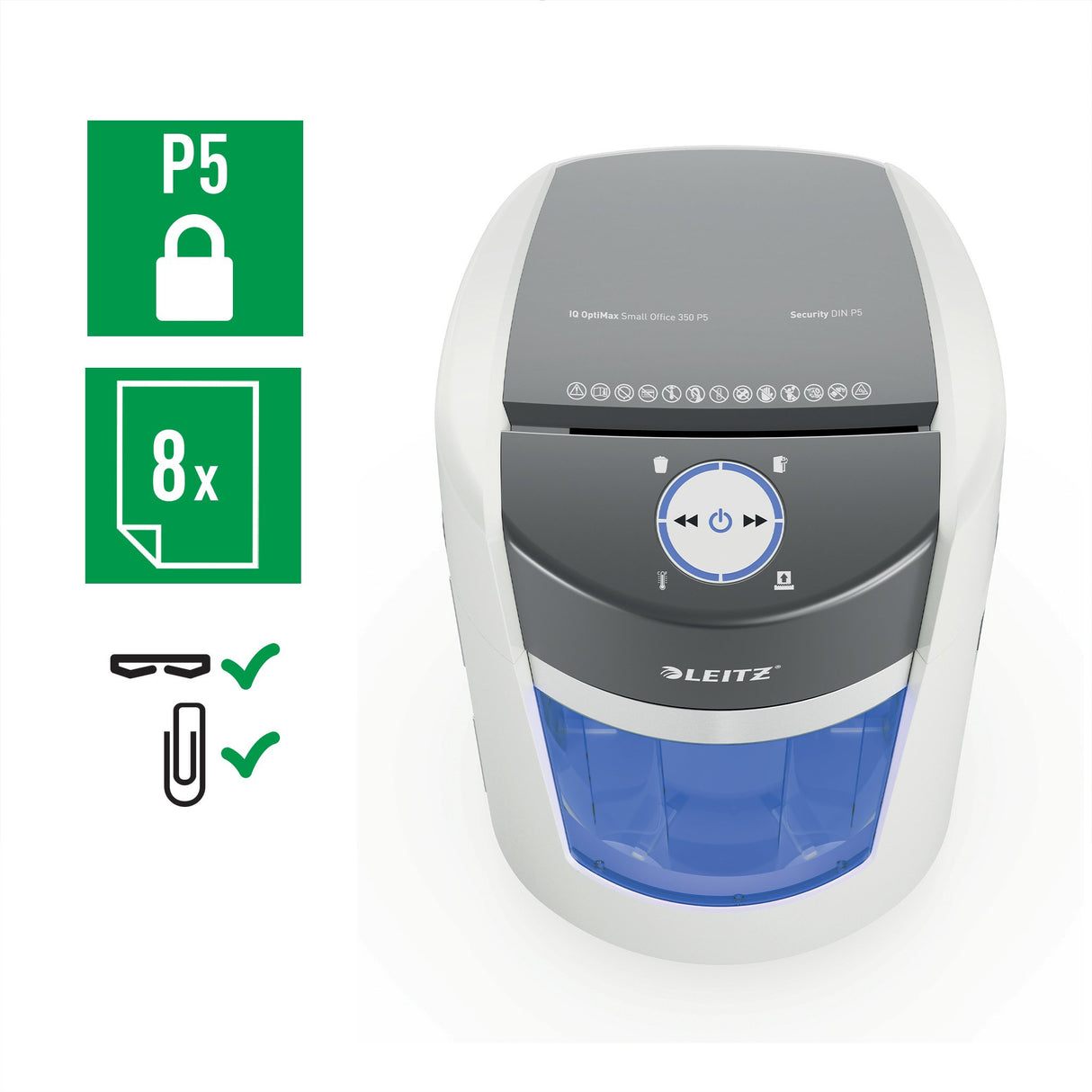 EAN 4002432142460 - Leitz IQ OptiMax Small Office 350 triturador de papel Microcorte 58 dB 22,3 cm Gris, Blanco imagen 5