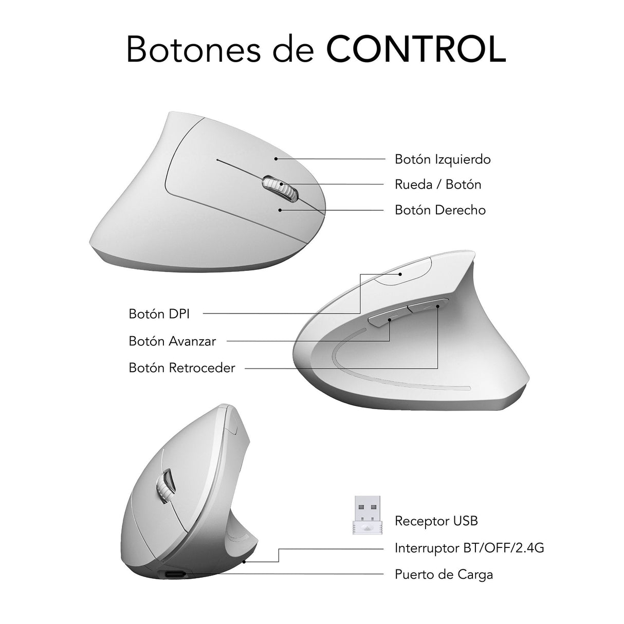 Raton Optico Dual Glide Vertical Ergo Dual Bateria Blanco Subblim Hasta 1600dpi/ Conexión Dual/ Rf, Bluetooth/ Batería Recargable