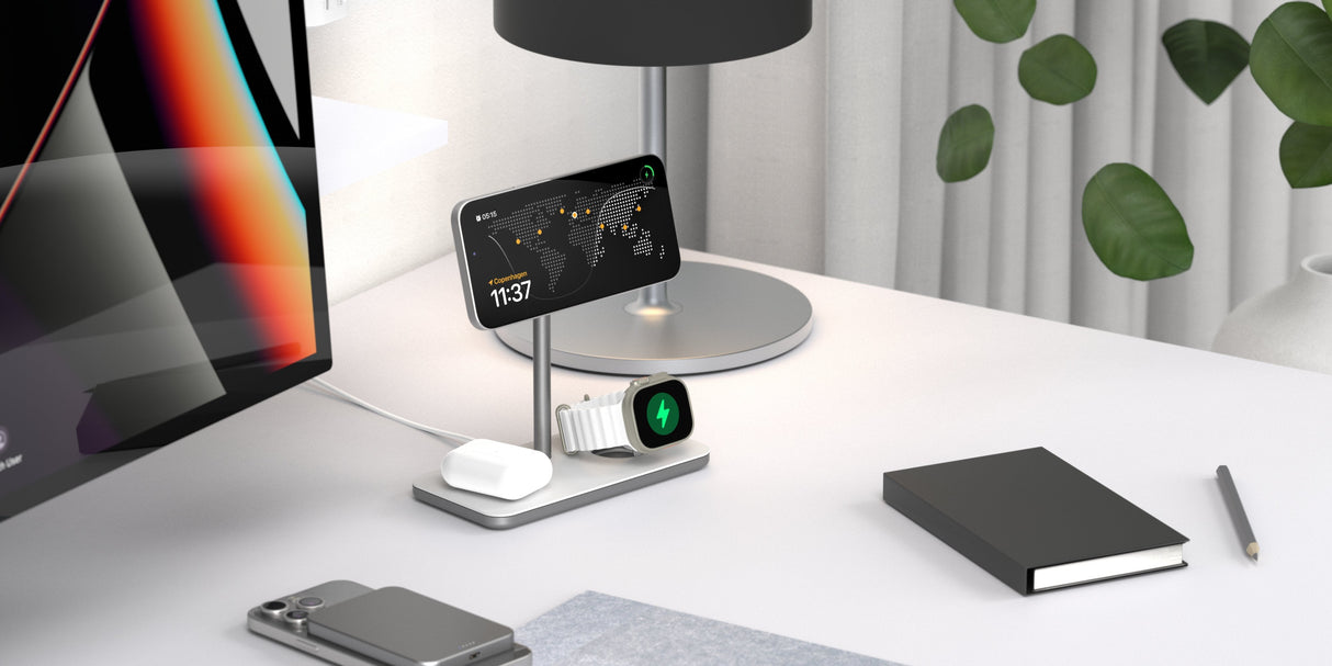 Soporte Base De Carga Inalambrico 3en1 Magsafe Plata Linq Carga Magnética Qi2/ Certificación Mfi Para Apple Watch