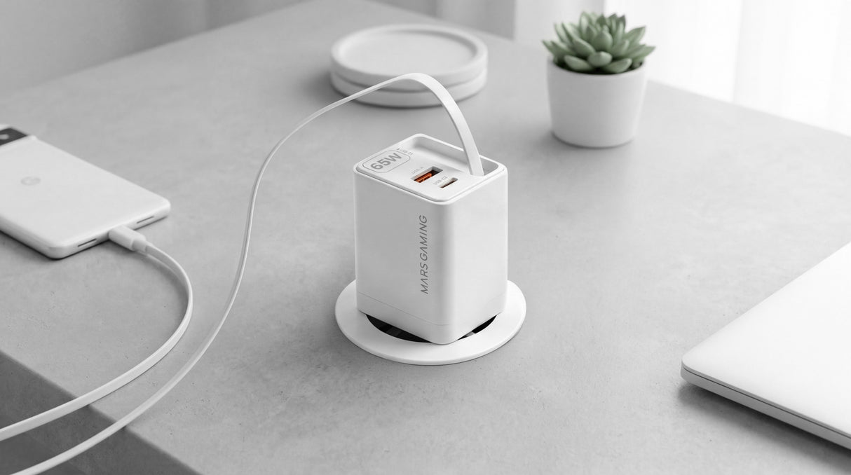 Cargador Usb Gan Mars Gaming Md-Gan65rw 65w 1xusb-C 1xusb-A Cable Retractil Pd Color Blanco