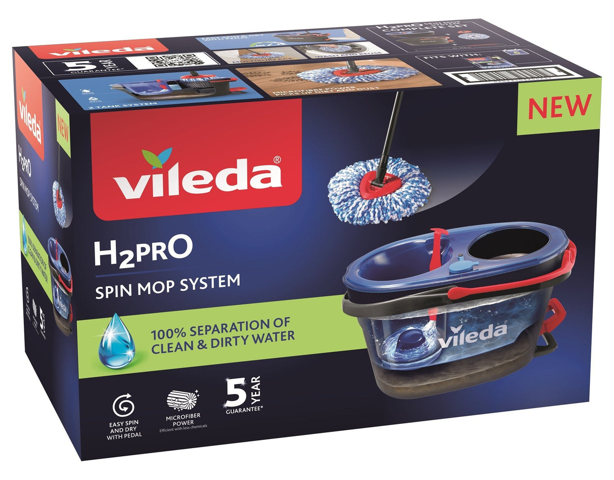 Vileda H2pro Spin Mop Set, Bodenwiper Negro/Rojo, Con Un Sistema De Dos Tancos Y Mango Telescópico 178333