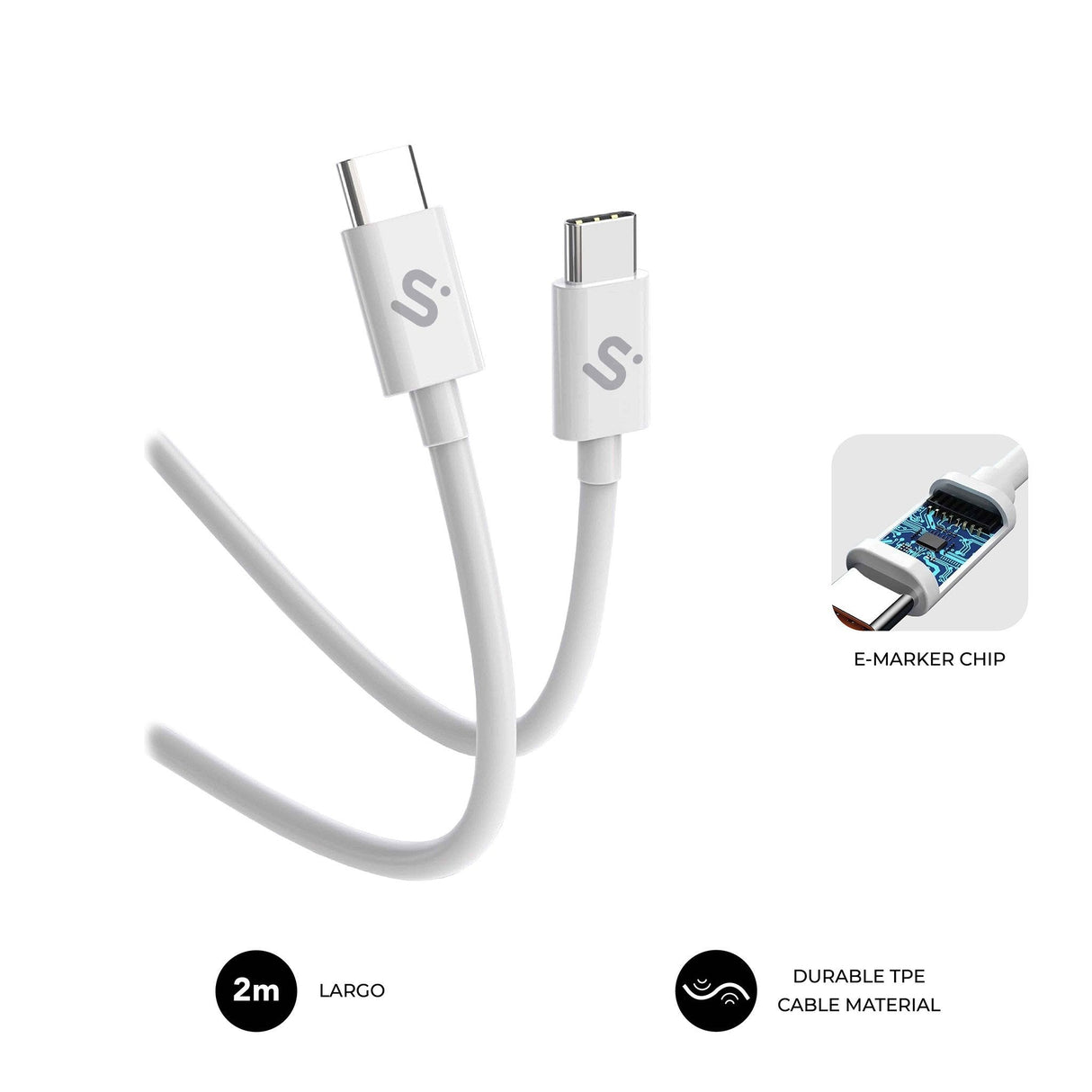 Cable Plus 100w Usb-C/Usb-C 2 M Blanco Subblim 100w/ Longitud: 2m/ Usb-C &Harr; Usb-C/ Pd 3.0 Y Qc 3.0