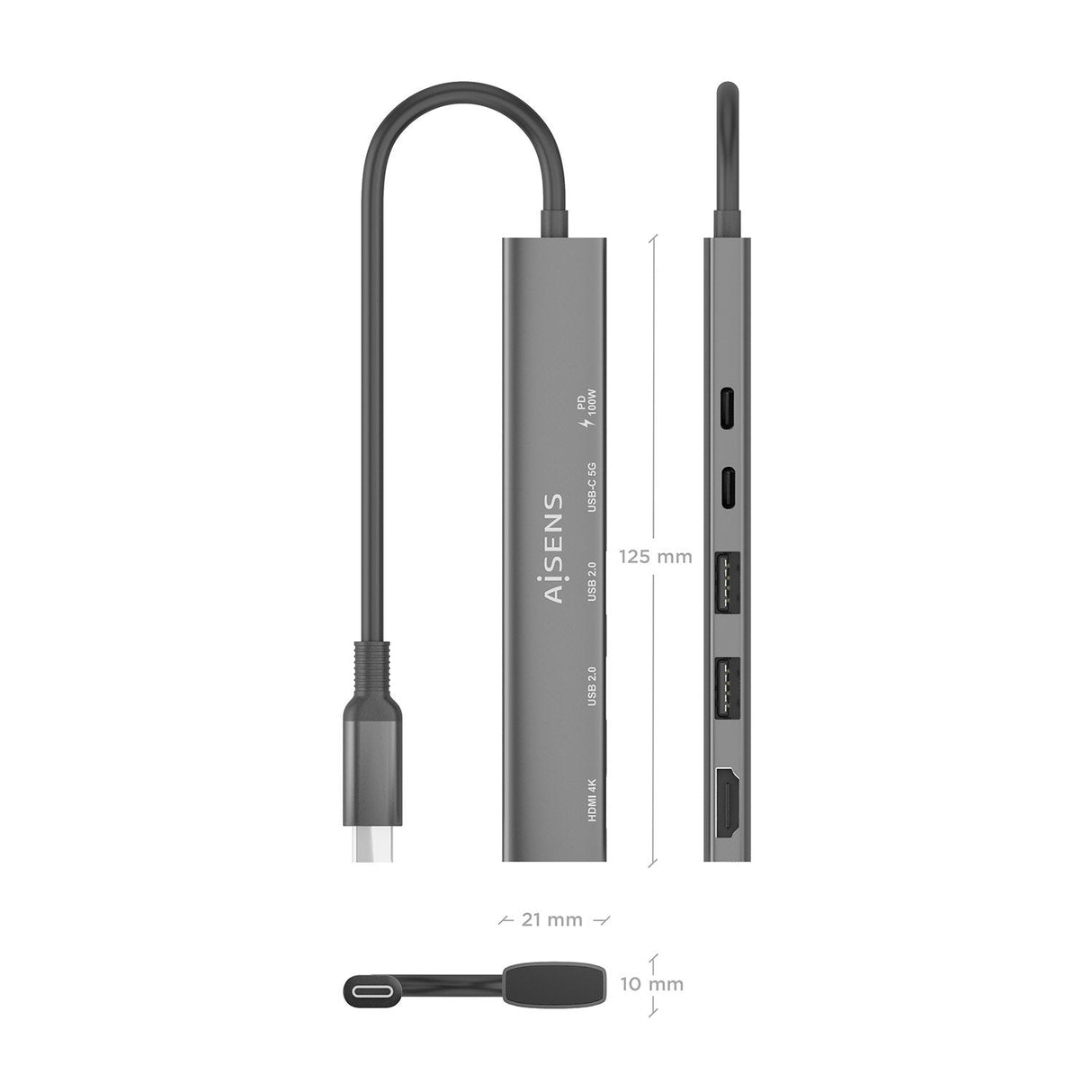 Aisens Usb-C Dock 5 En 1, Usb-C A 1xhdmi 2xusb-A 1xusb-C 1xusb-C Pd, Gris, 15cm