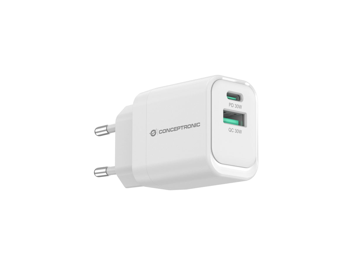 Cargador De Pared Quick Charge 3.0 Pd  Pps 1puerto Usb-C 1 Puerto Usb-A Conceptronic Althea 33w