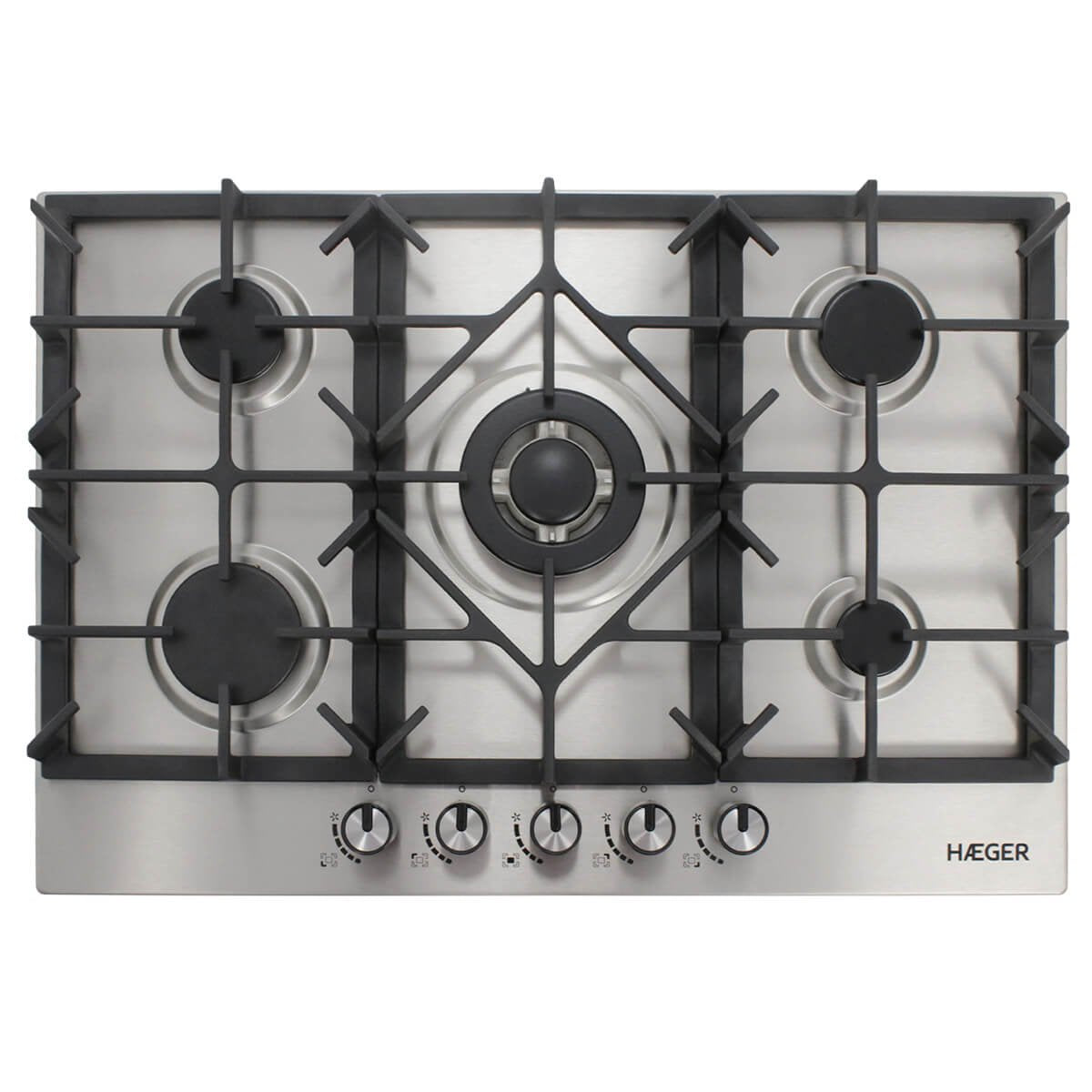 Haeger Placa De Gas Empotada, 70 Cm, 5 Boquillas, 1 Wok, Inox